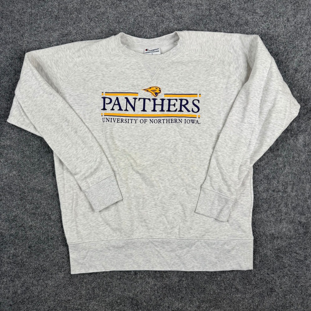 Champion Sweatshirt Mens Size L Gray UNI Panthers Crewneck Raglan Graphic Fleece